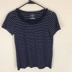 Talbots Petites Navy Striped Linen Blend Top with Pom Pom Neckline Size P
